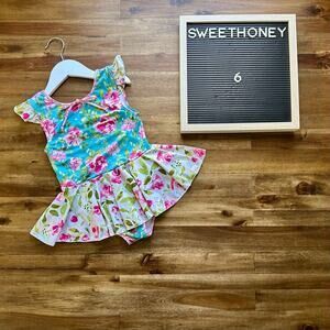 SweetHoney Sleeveless Skirted Leotard Swirly Aqua Blue Pink Cream Green Floral 6
